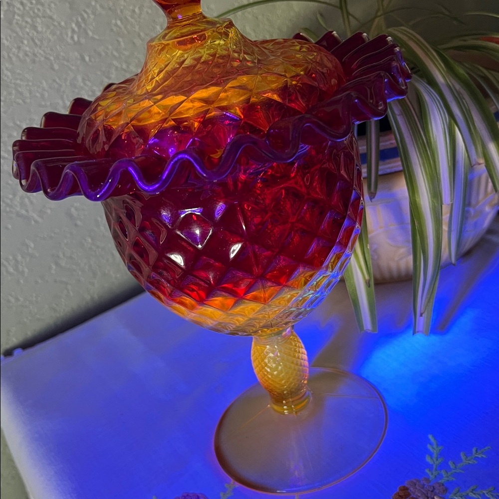 Vintage Fenton Amberina Compote Candy Dish Diamond Point Pedestal UV Reactive